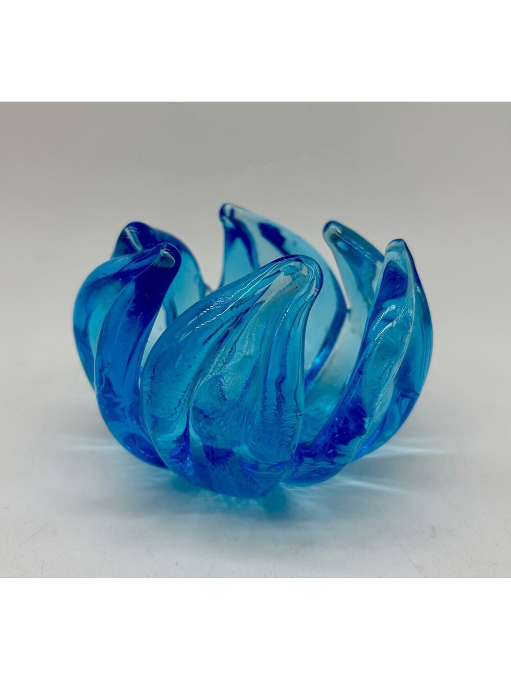 Vintage MCM Blue Art Glass Votive Tea Light Holder Trinket Dish Textured Bottom